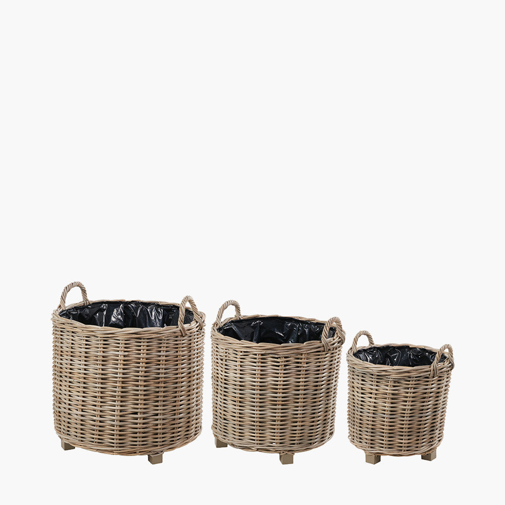 Tobs Set of 3 Indoor / Outdoor Grey Kubu Rattan Round Basket Planters with Handles