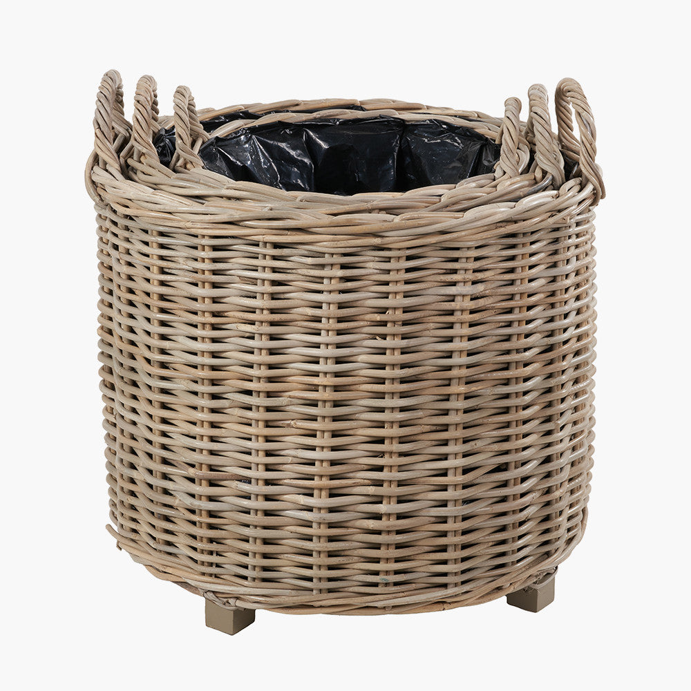 Tobs Set of 3 Indoor / Outdoor Grey Kubu Rattan Round Basket Planters with Handles