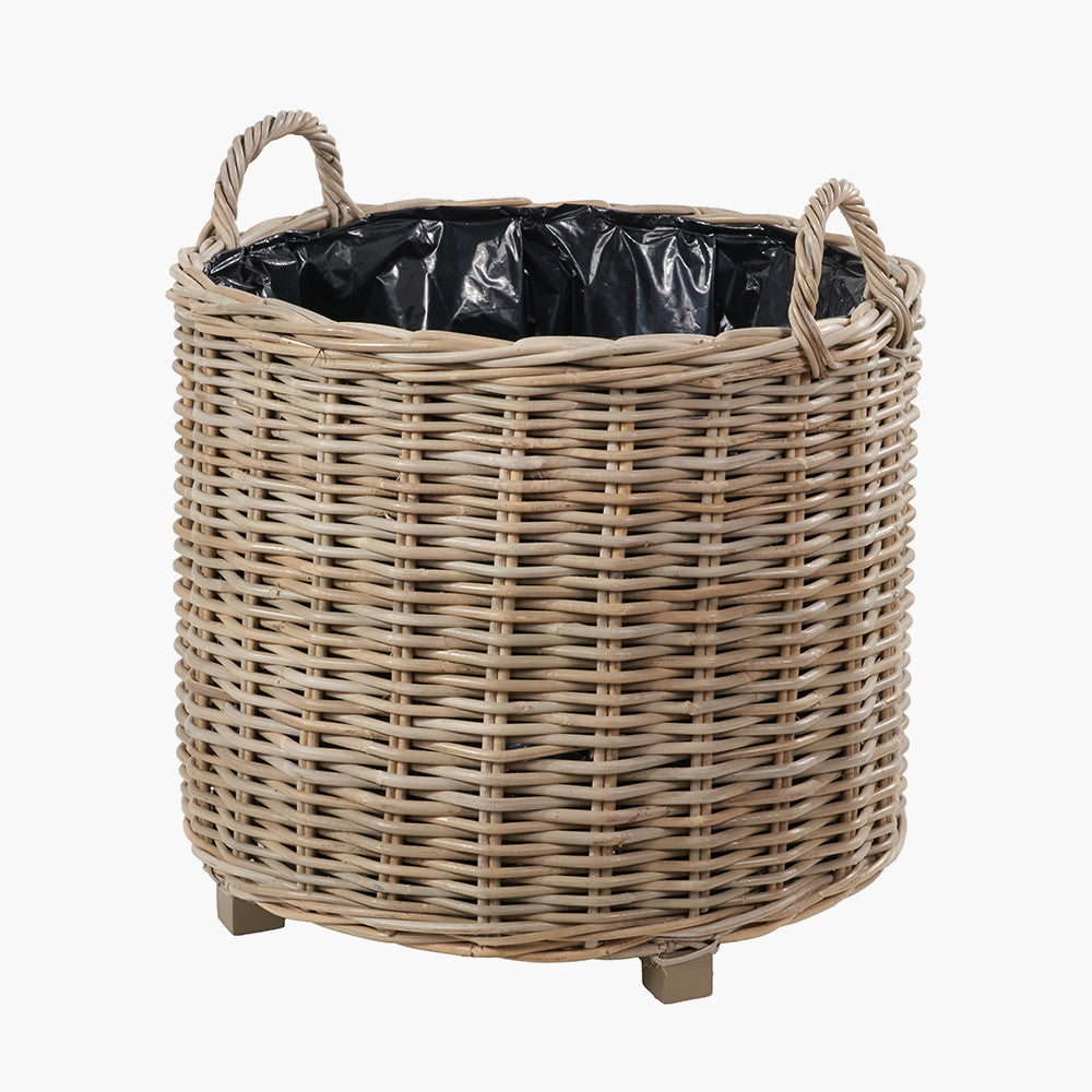 Tobs Set of 3 Indoor / Outdoor Grey Kubu Rattan Round Basket Planters with Handles