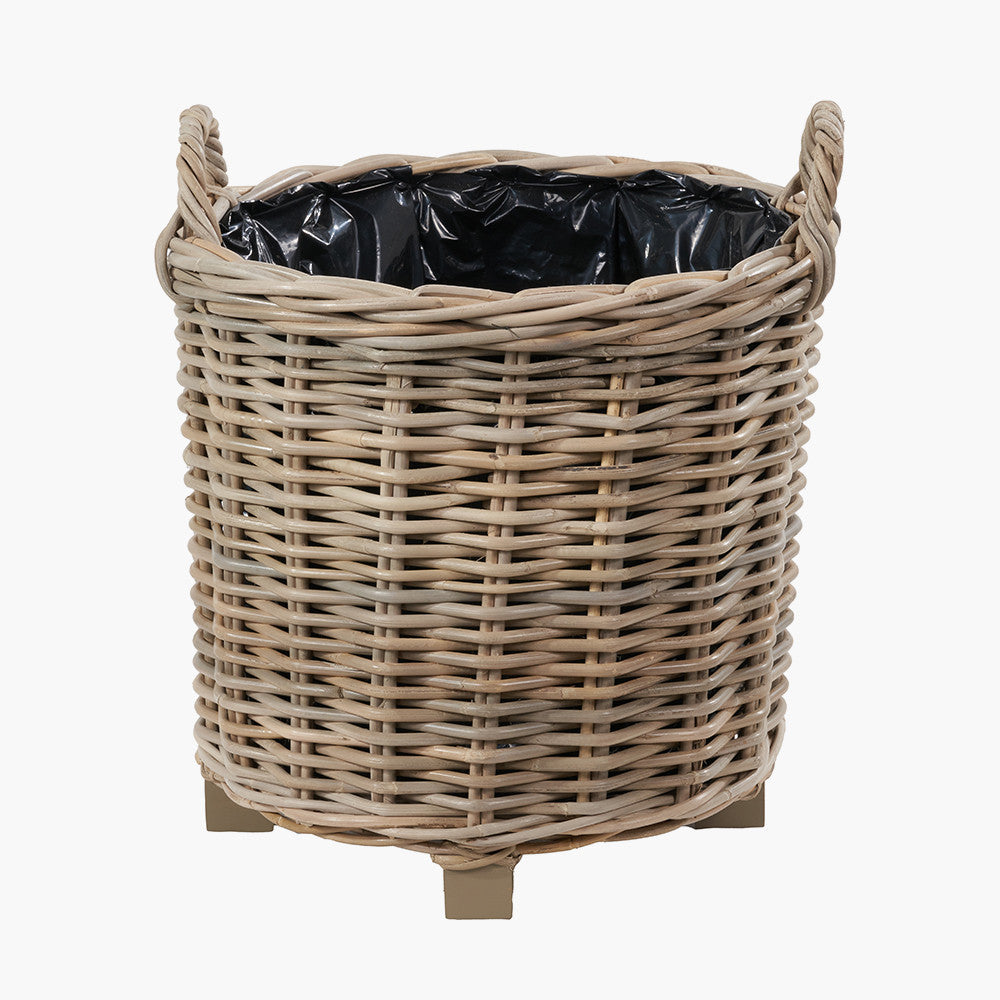 Tobs Set of 3 Indoor / Outdoor Grey Kubu Rattan Round Basket Planters with Handles