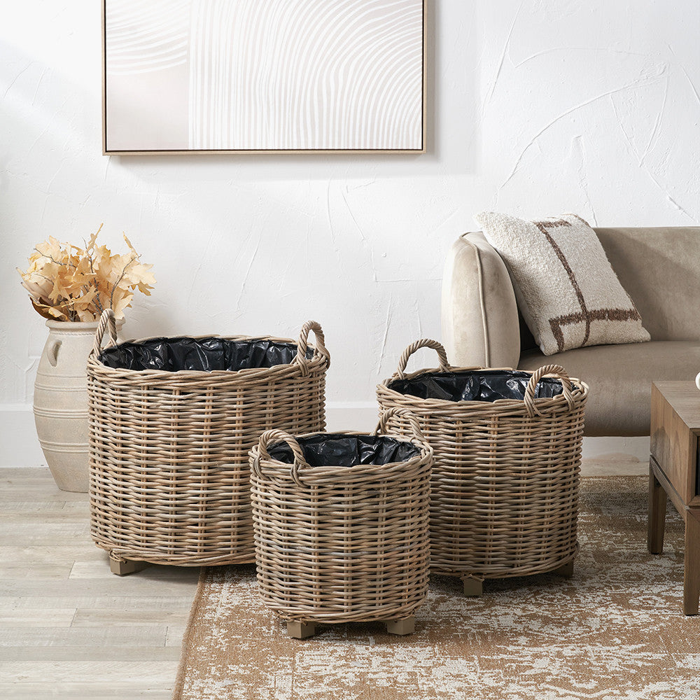 Tobs Set of 3 Indoor / Outdoor Grey Kubu Rattan Round Basket Planters with Handles