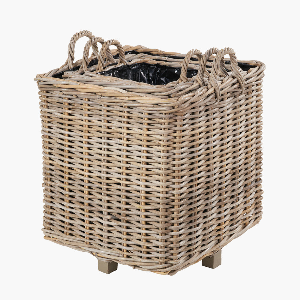 Tobs Set of 3 Indoor / Outdoor Grey Kubu Rattan Square Basket Planters with Handles