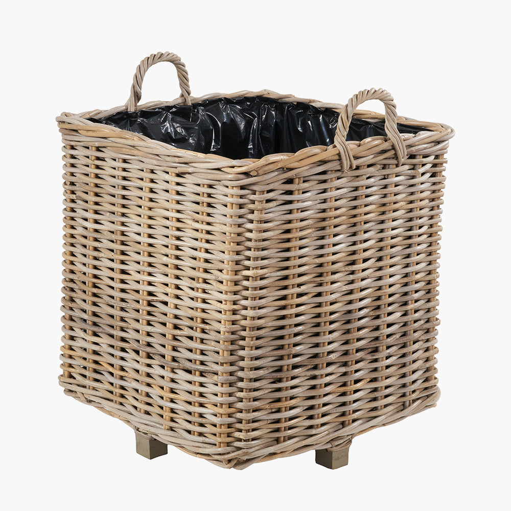 Tobs Set of 3 Indoor / Outdoor Grey Kubu Rattan Square Basket Planters with Handles