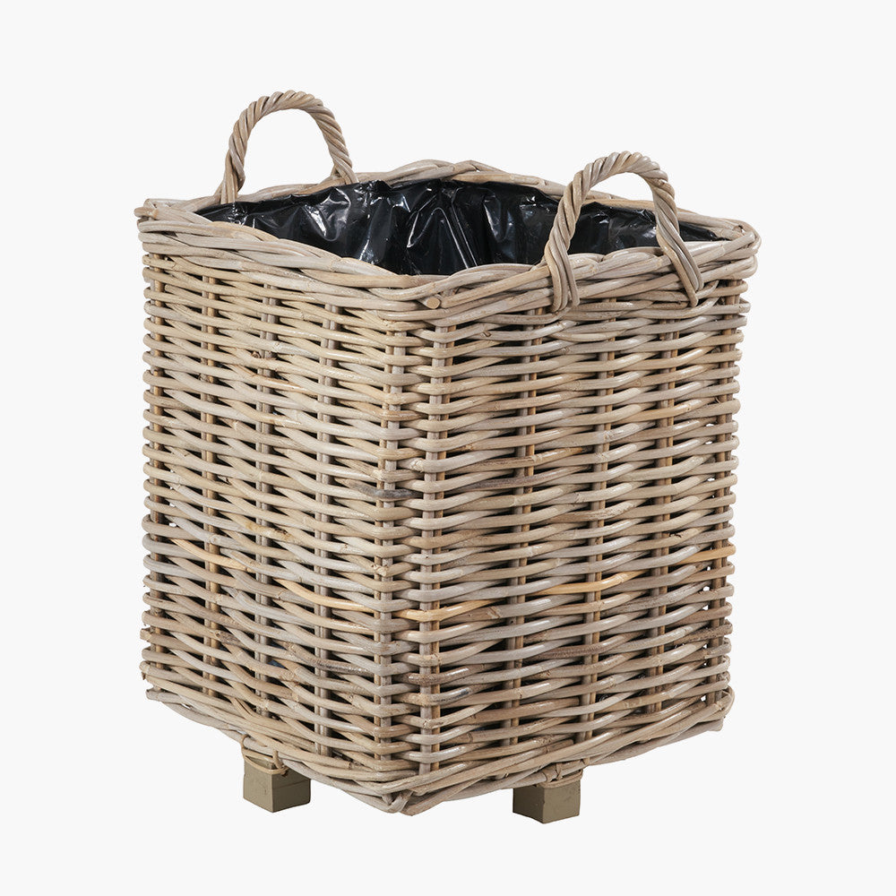 Tobs Set of 3 Indoor / Outdoor Grey Kubu Rattan Square Basket Planters with Handles