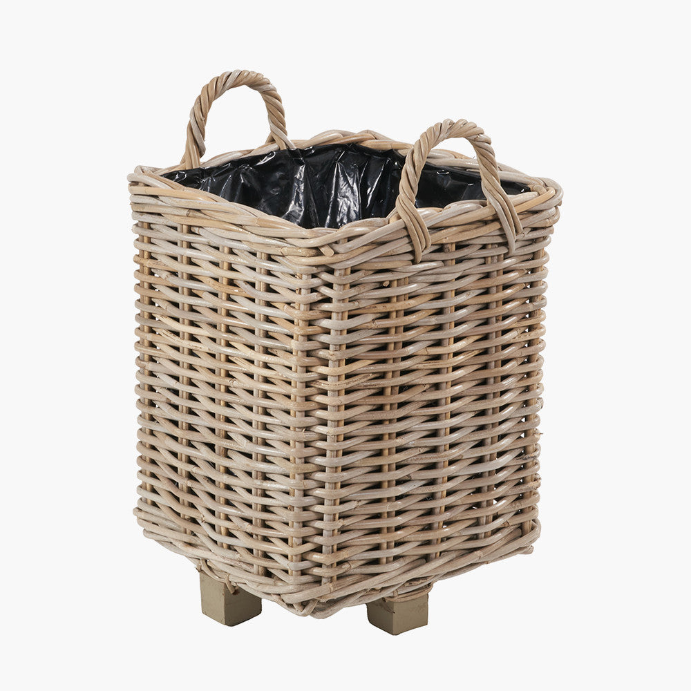 Tobs Set of 3 Indoor / Outdoor Grey Kubu Rattan Square Basket Planters with Handles