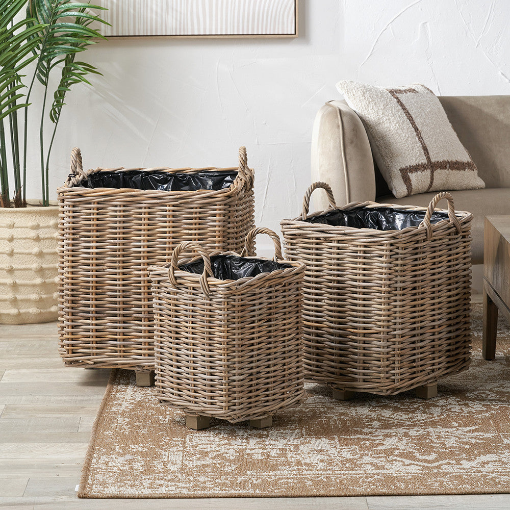 Tobs Set of 3 Indoor / Outdoor Grey Kubu Rattan Square Basket Planters with Handles