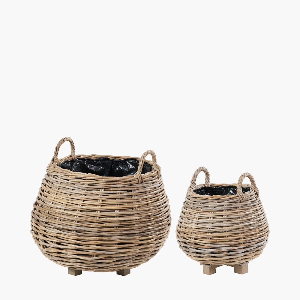 Tobs Set of 2 Indoor / Outdoor Grey Kubu Rattan Bulbous Basket Planters