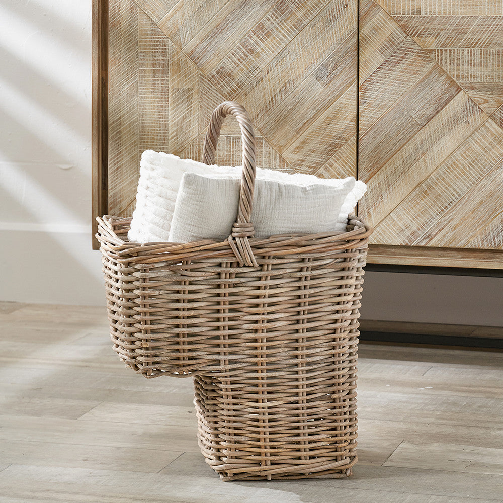Grey Kubu Stair Storage Basket – Handwoven Rattan Home Organiser with Handle