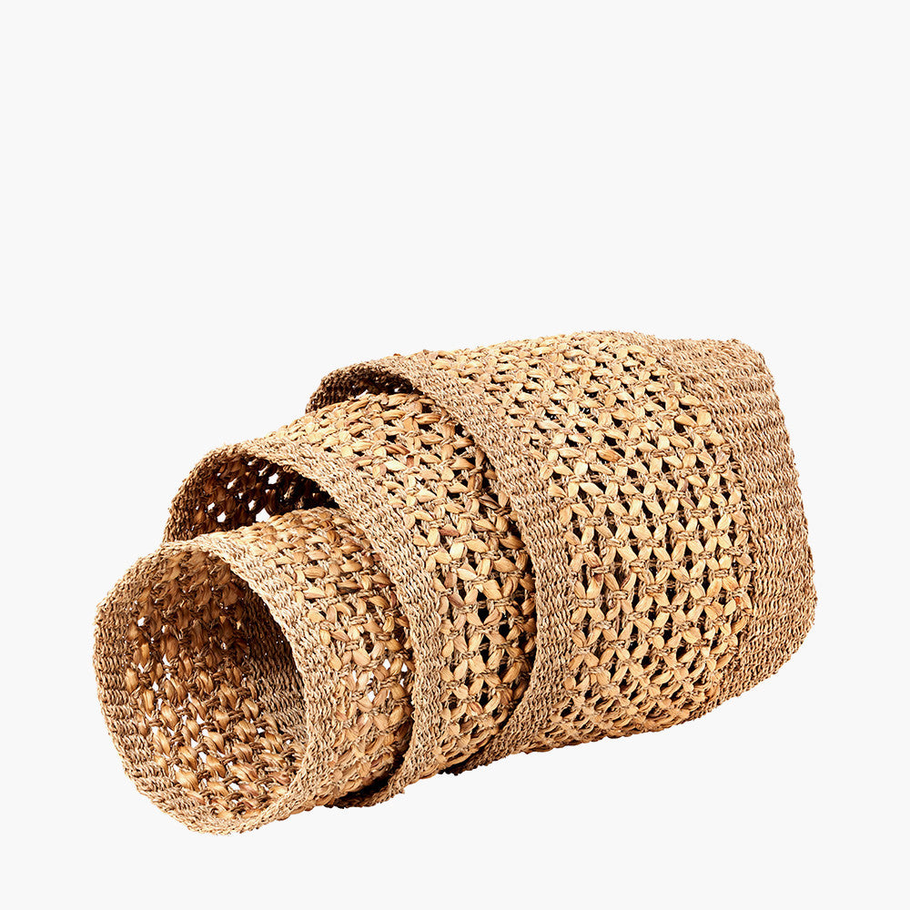 Set of 3 Seagrass and Water Hyacinth Natural Tall Round Baskets – Handwoven Rustic Storage for Every Room