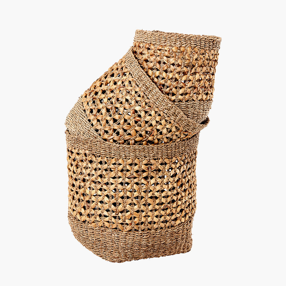 Set of 3 Seagrass and Water Hyacinth Natural Tall Round Baskets – Handwoven Rustic Storage for Every Room