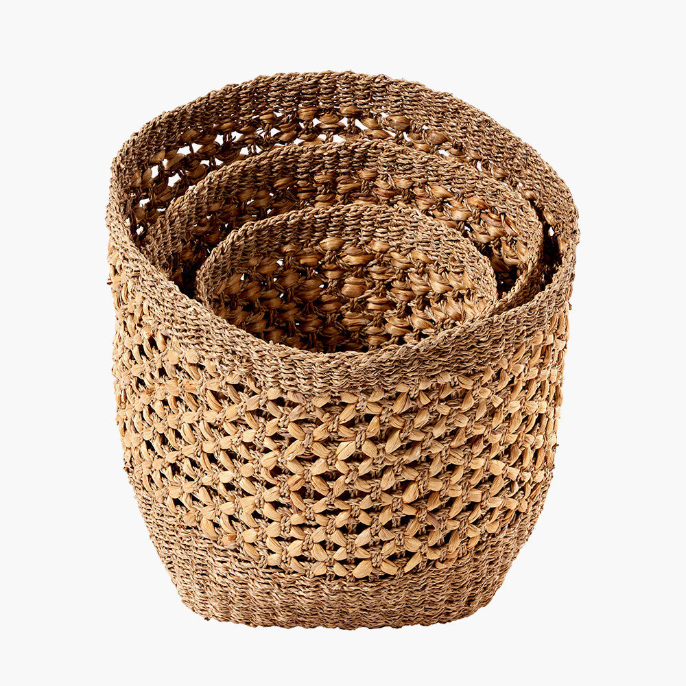 Set of 3 Seagrass and Water Hyacinth Natural Tall Round Baskets – Handwoven Rustic Storage for Every Room