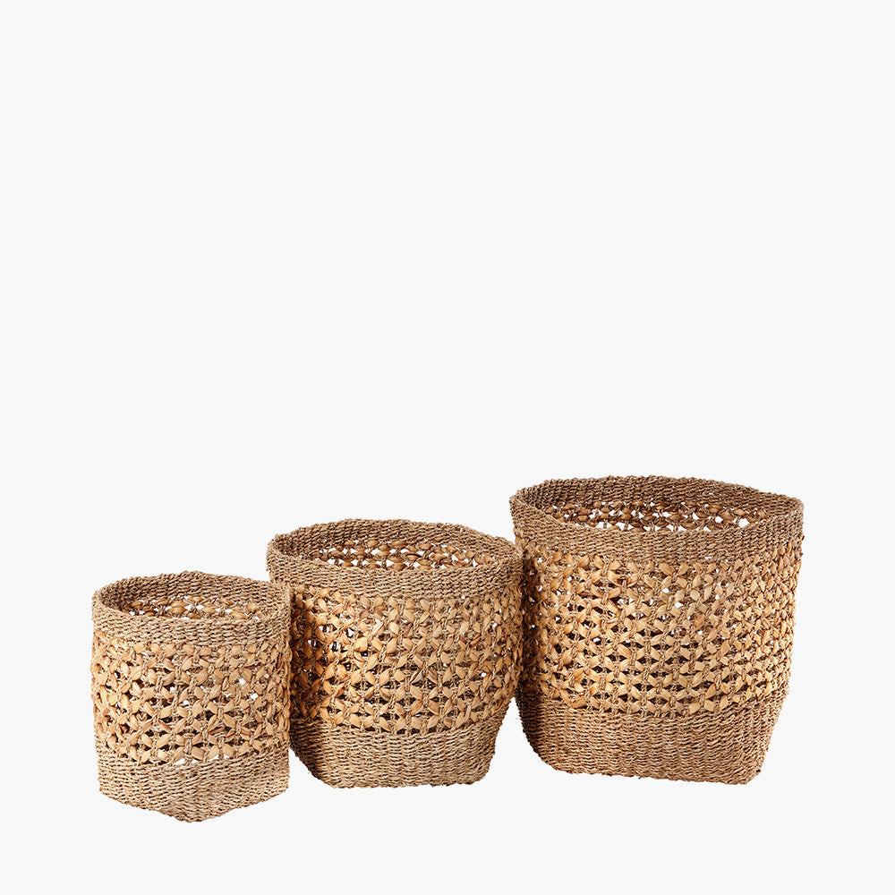 Set of 3 Seagrass and Water Hyacinth Natural Tall Round Baskets – Handwoven Rustic Storage for Every Room