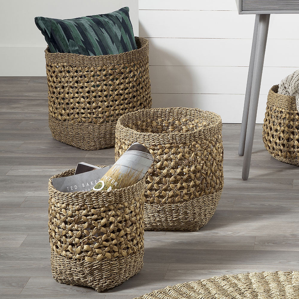 Set of 3 Seagrass and Water Hyacinth Natural Tall Round Baskets – Handwoven Rustic Storage for Every Room