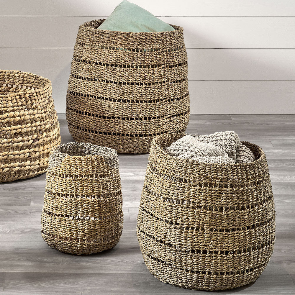 Set of 3 Seagrass Natural Round Baskets – Handwoven Rustic Storage for Stylish Homes