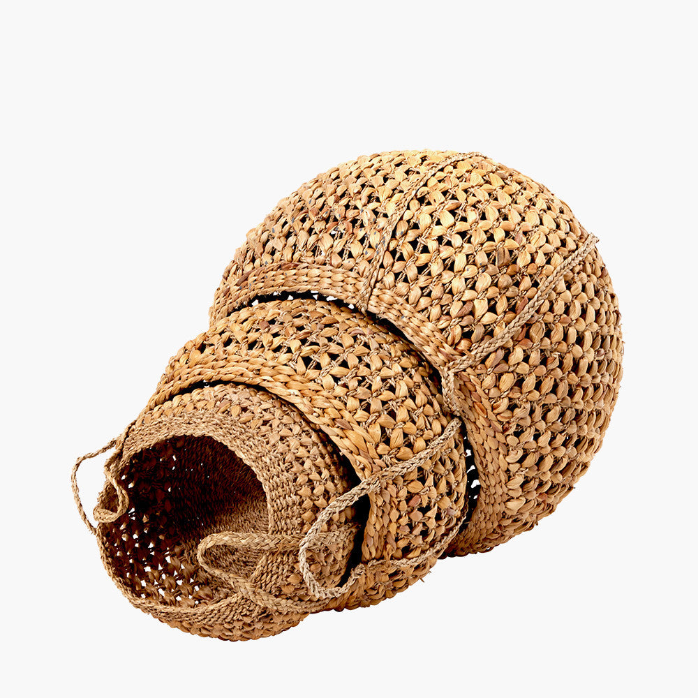 Set of 3 Water Hyacinth Round Handled Baskets – Natural Woven Storage for Stylish UK Interiors