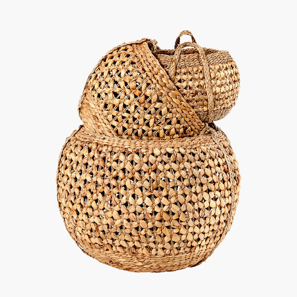 Set of 3 Water Hyacinth Round Handled Baskets – Natural Woven Storage for Stylish UK Interiors