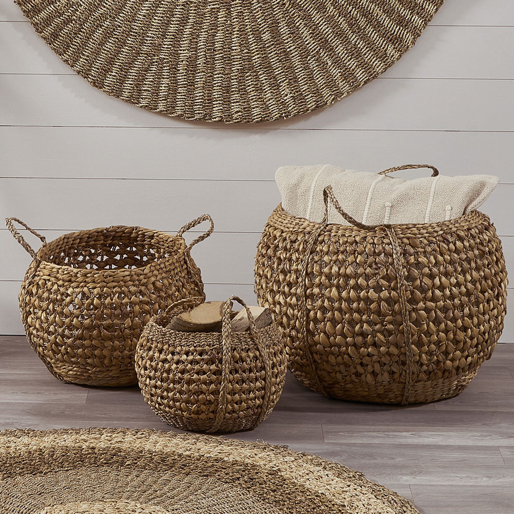 Set of 3 Water Hyacinth Round Handled Baskets – Natural Woven Storage for Stylish UK Interiors