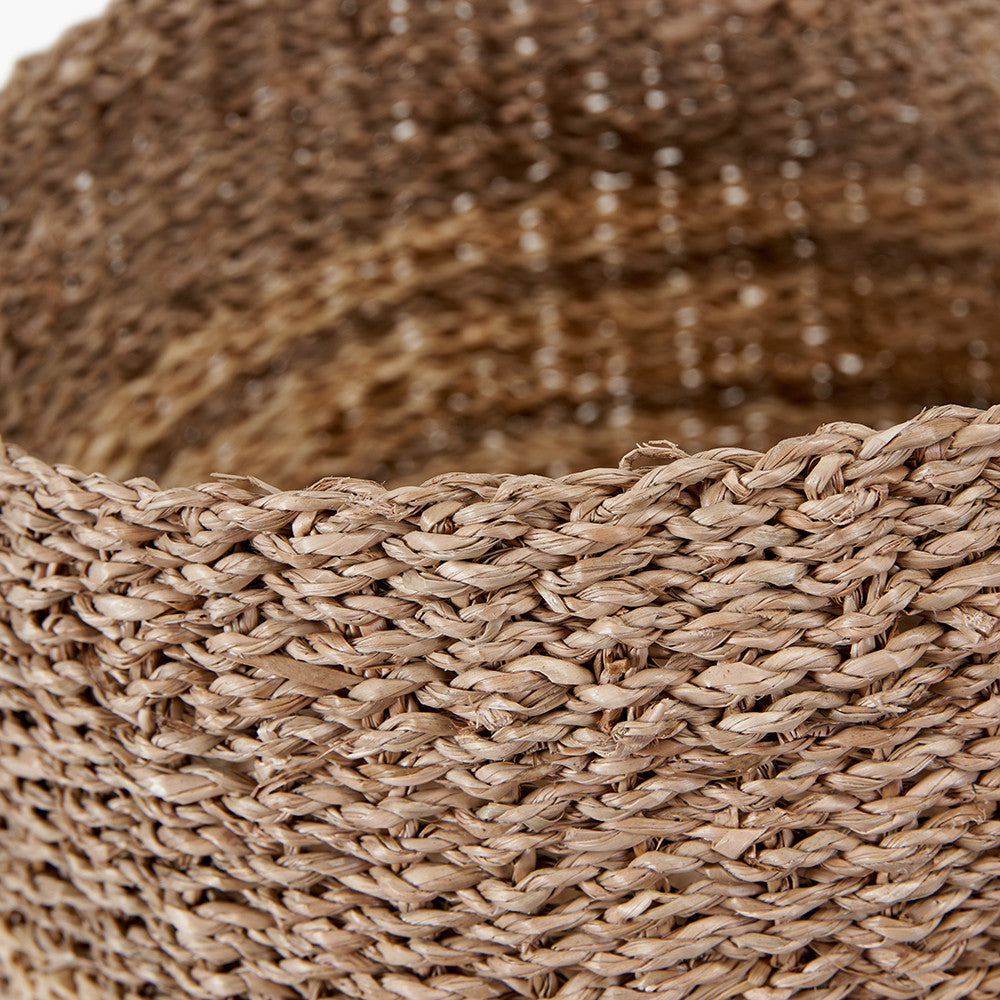 Set of 3 Two-Tone Seagrass and Palm Leaf Natural Round Baskets – Handwoven Rustic Storage for Every Home