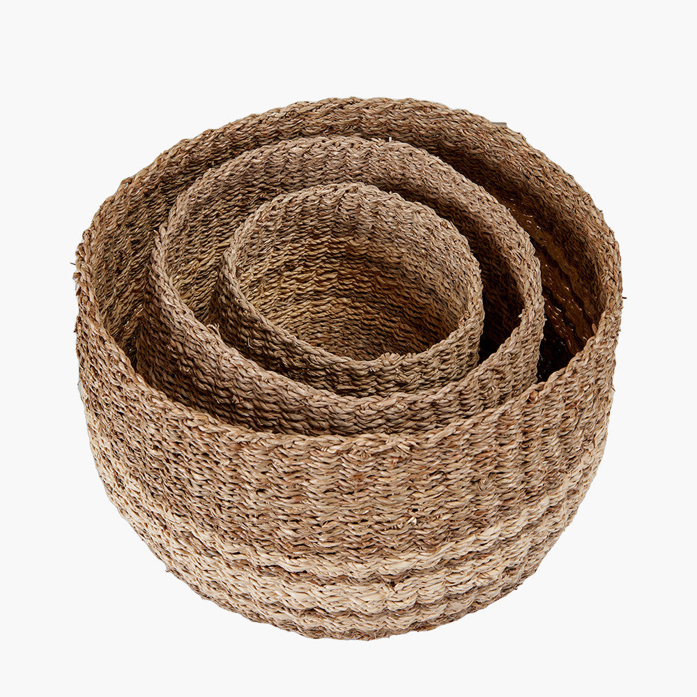 Set of 3 Two-Tone Seagrass and Palm Leaf Natural Round Baskets – Handwoven Rustic Storage for Every Home