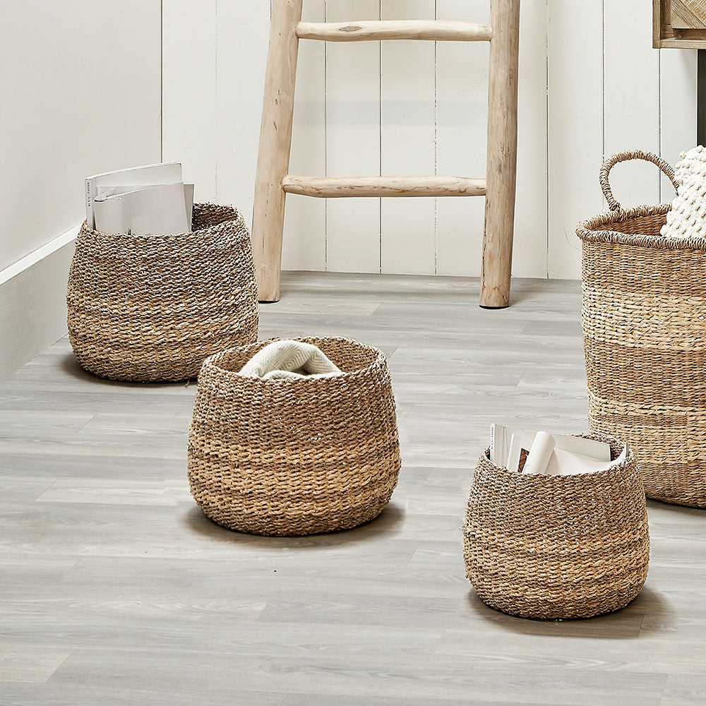 Set of 3 Two-Tone Seagrass and Palm Leaf Natural Round Baskets – Handwoven Rustic Storage for Every Home