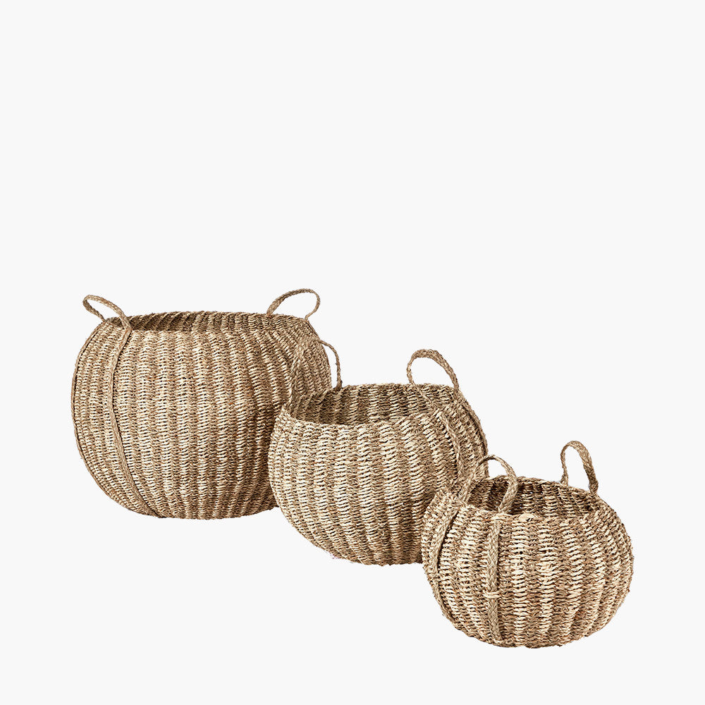 Set of 3 Seagrass and Palm Leaf Natural Striped Round Baskets – Handwoven Natural Storage with Style