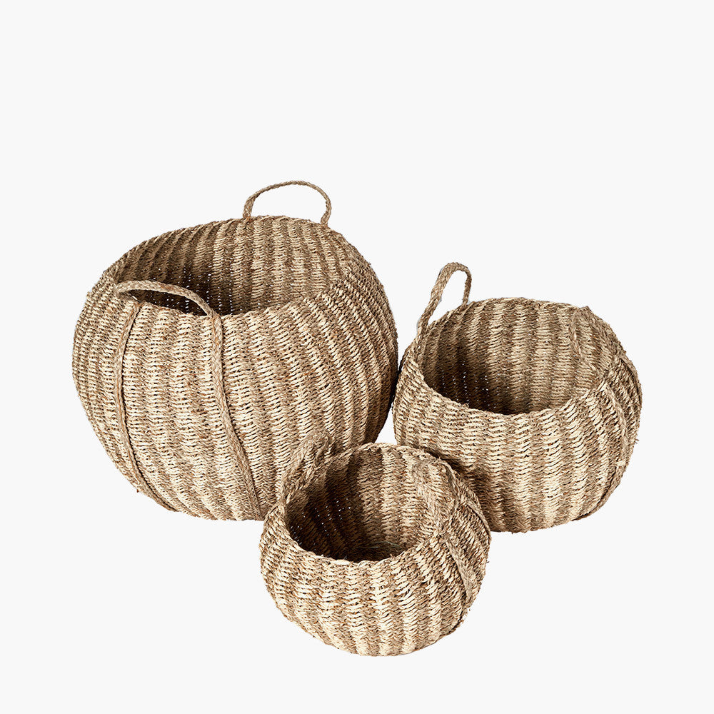 Set of 3 Seagrass and Palm Leaf Natural Striped Round Baskets – Handwoven Natural Storage with Style