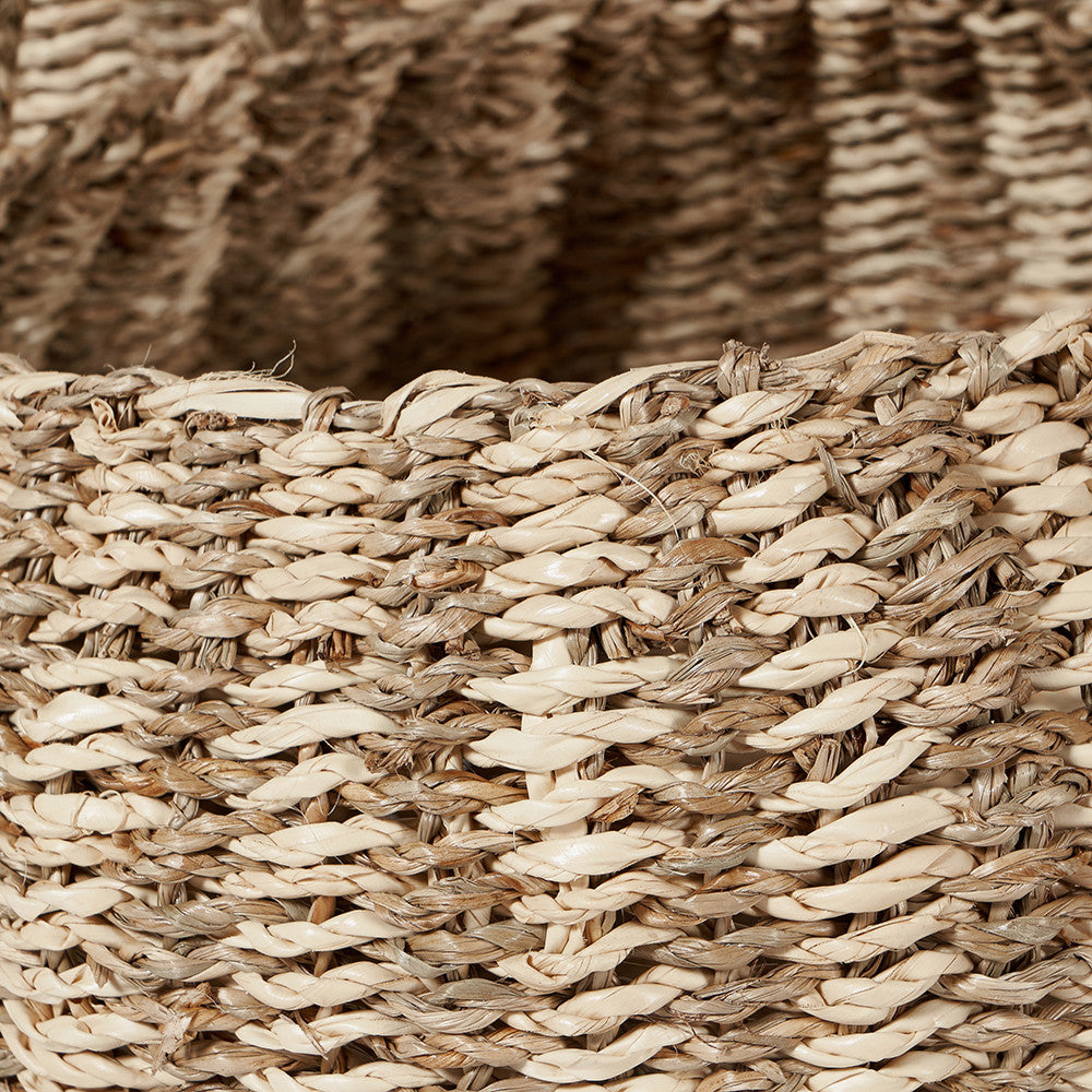 Set of 3 Seagrass and Palm Leaf Natural Striped Round Baskets – Handwoven Natural Storage with Style