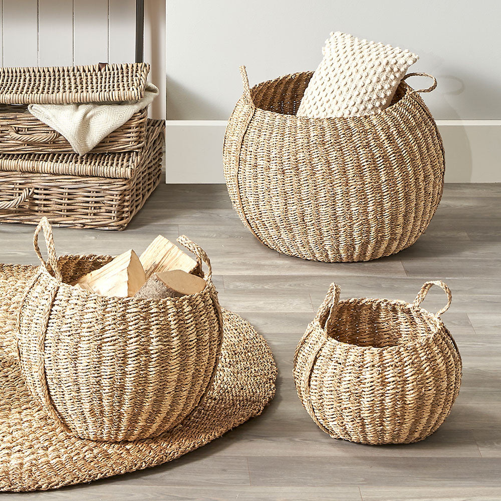 Set of 3 Seagrass and Palm Leaf Natural Striped Round Baskets – Handwoven Natural Storage with Style
