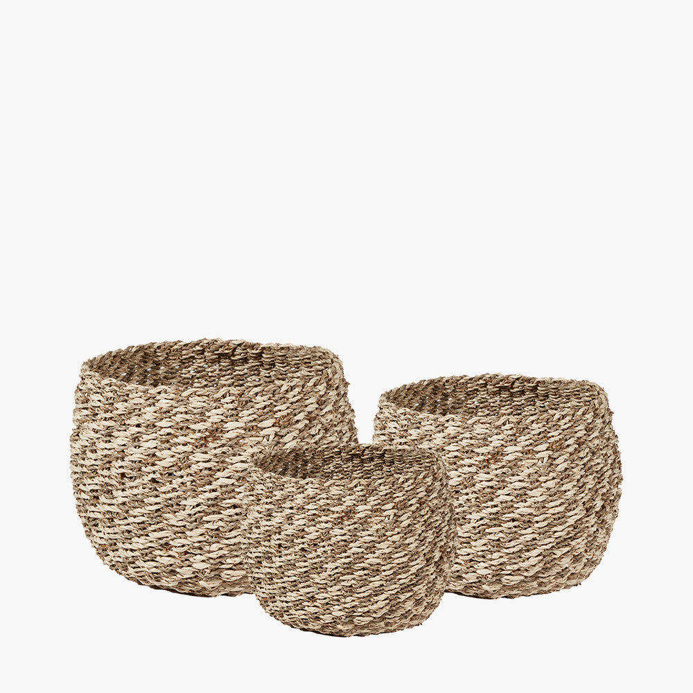 Set of 3 Seagrass and Palm Leaf 2-Tone Natural Plaited Round Baskets – Rustic Coastal Style for Modern Living