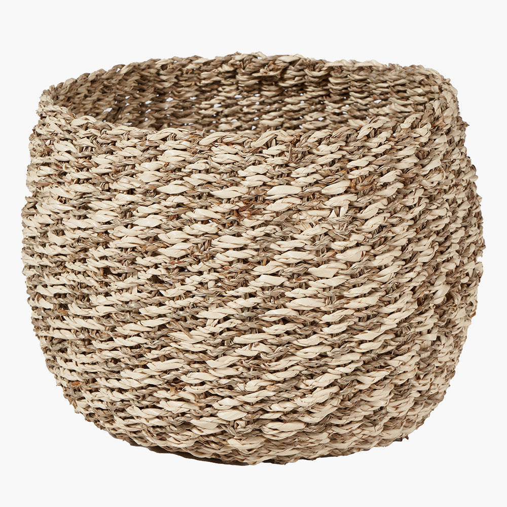 Set of 3 Seagrass and Palm Leaf 2-Tone Natural Plaited Round Baskets – Rustic Coastal Style for Modern Living