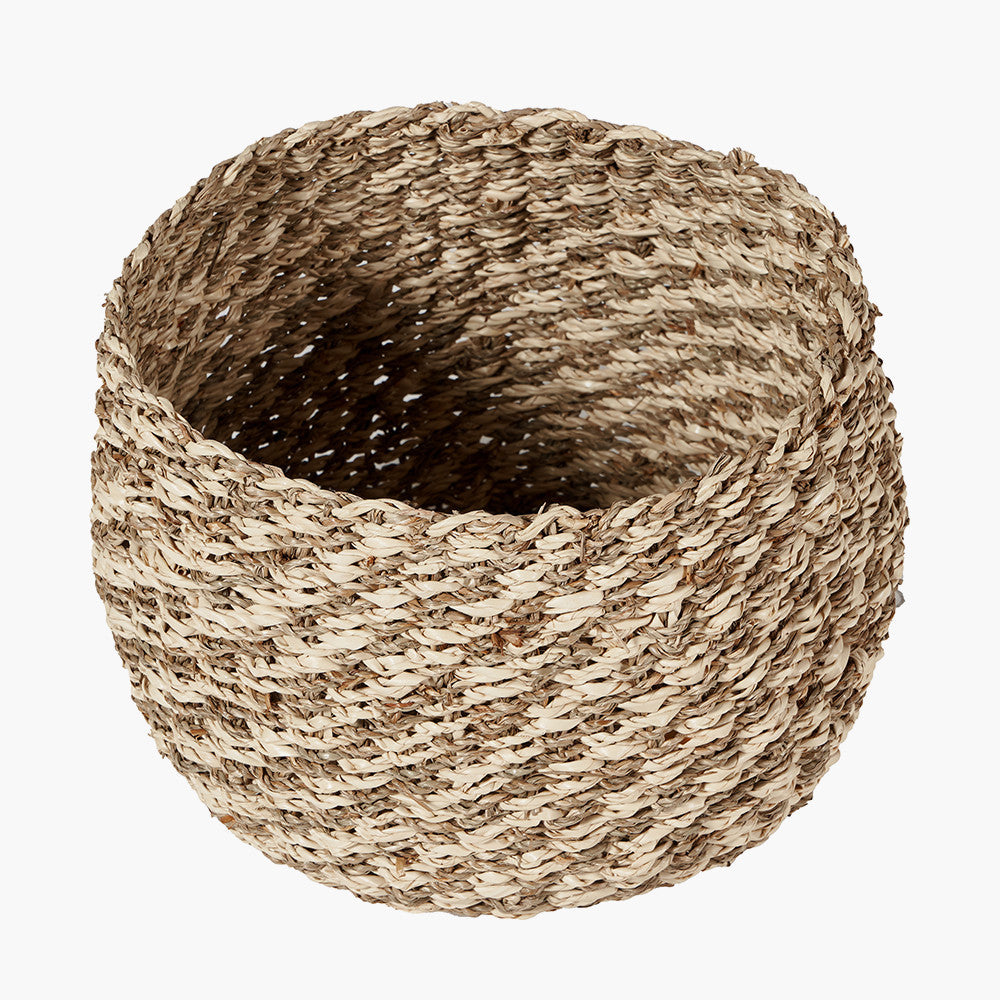 Set of 3 Seagrass and Palm Leaf 2-Tone Natural Plaited Round Baskets – Rustic Coastal Style for Modern Living