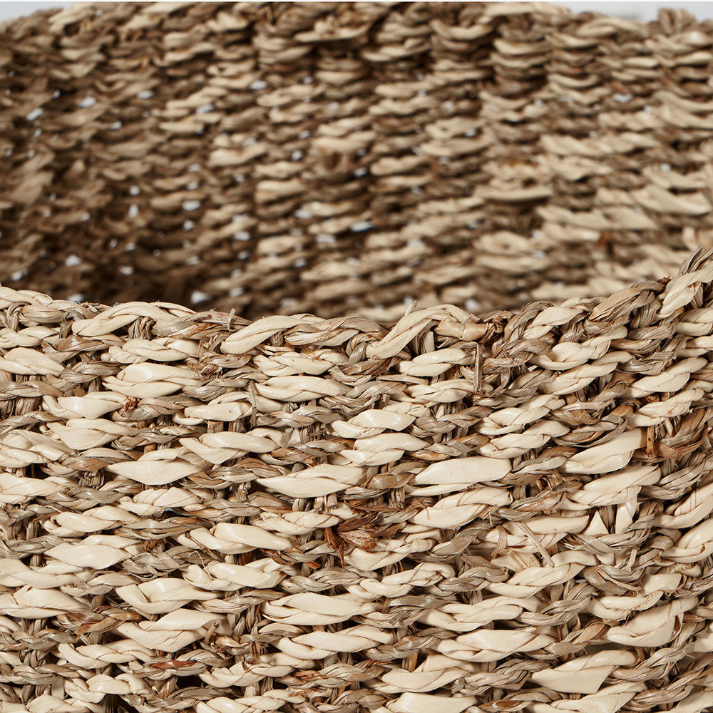 Set of 3 Seagrass and Palm Leaf 2-Tone Natural Plaited Round Baskets – Rustic Coastal Style for Modern Living