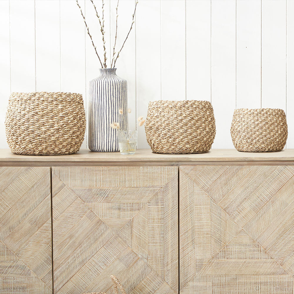 Set of 3 Seagrass and Palm Leaf 2-Tone Natural Plaited Round Baskets – Rustic Coastal Style for Modern Living