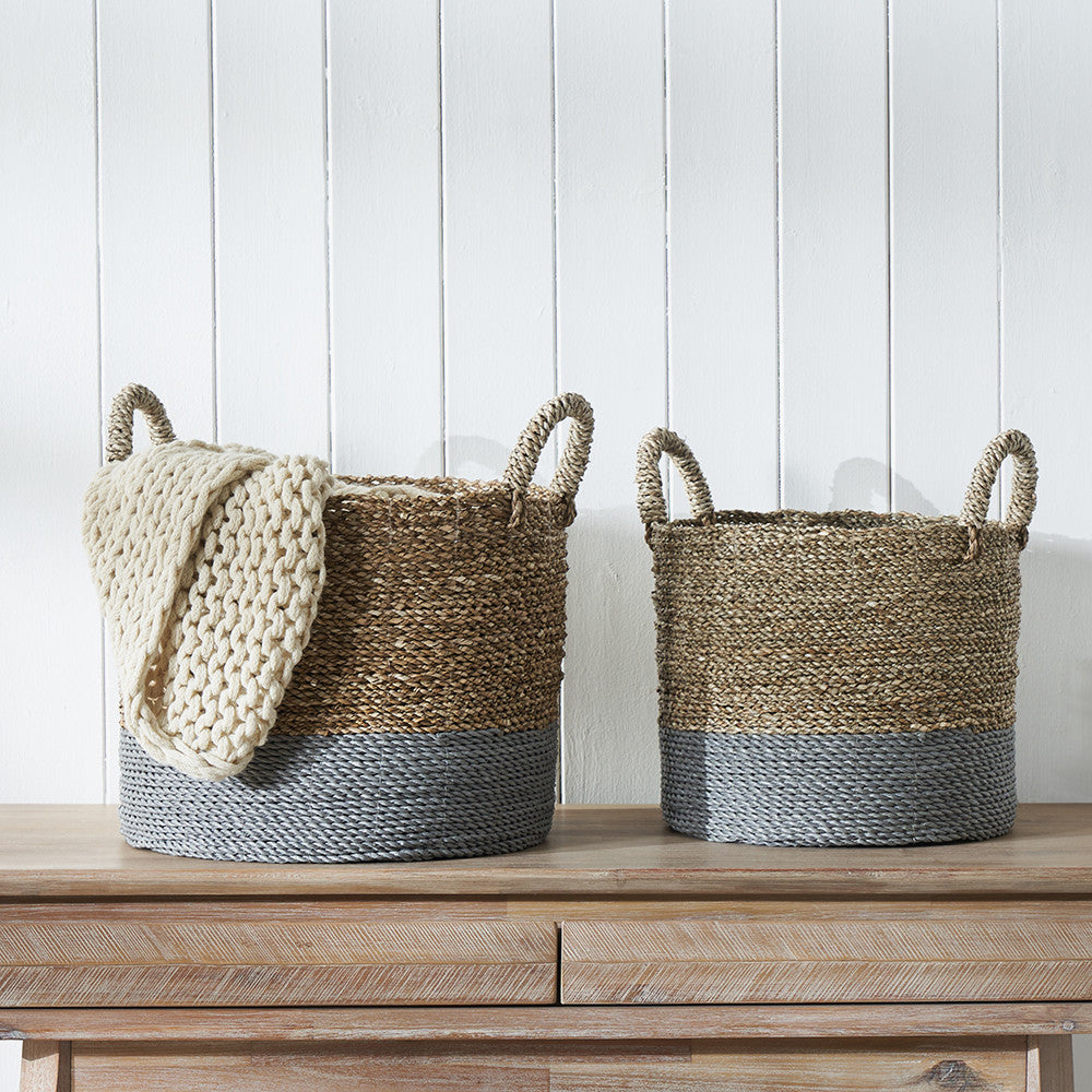 Set of 2 Banana Leaf Two Tone Natural and Grey Baskets – Handwoven Modern Storage for Stylish UK Homes