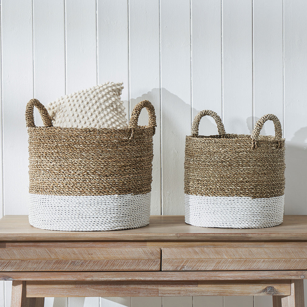 Set of 2 Banana Leaf Two Tone Natural and White Baskets – Handwoven Scandi Storage for Modern UK Homes