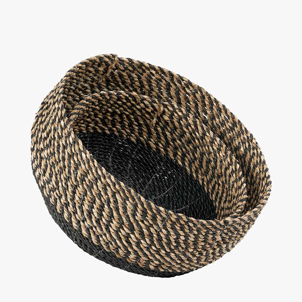Set of 2 Seagrass Natural and Black Round Baskets – Handwoven Rustic Elegance