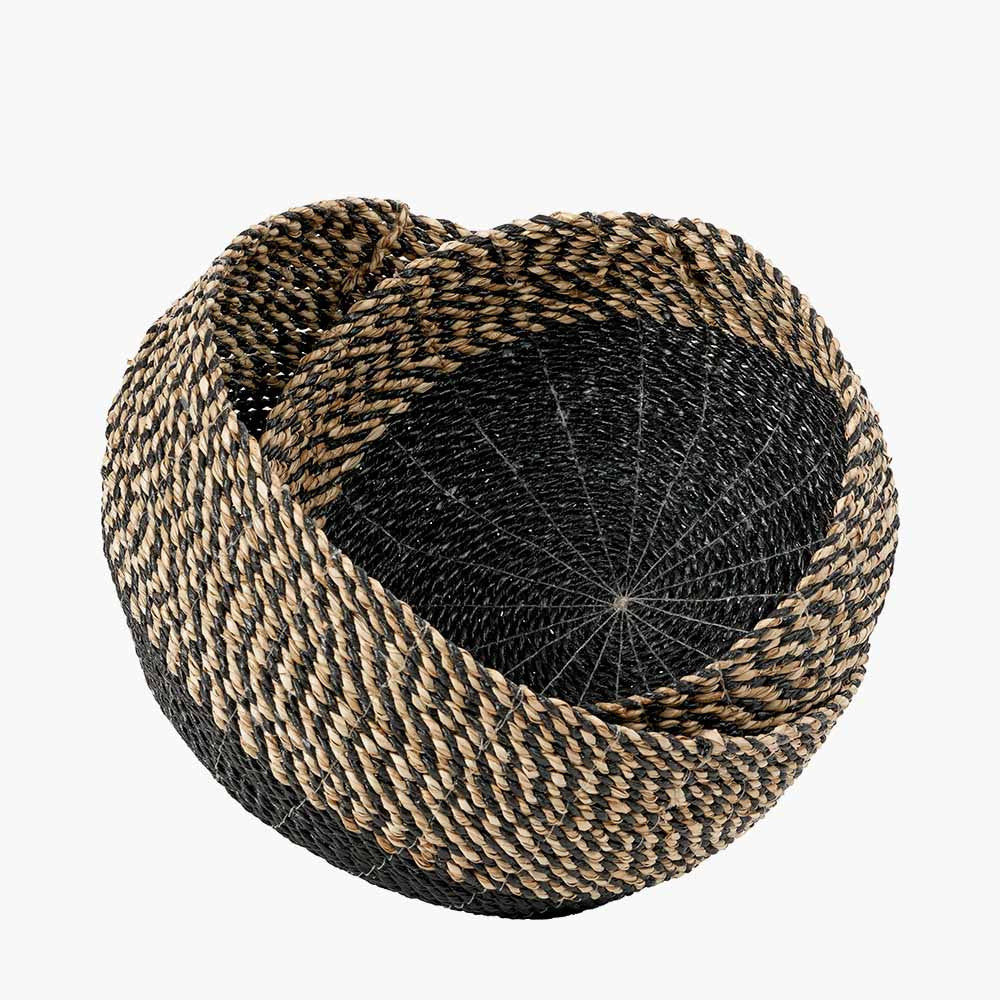 Set of 2 Seagrass Natural and Black Round Baskets – Handwoven Rustic Elegance
