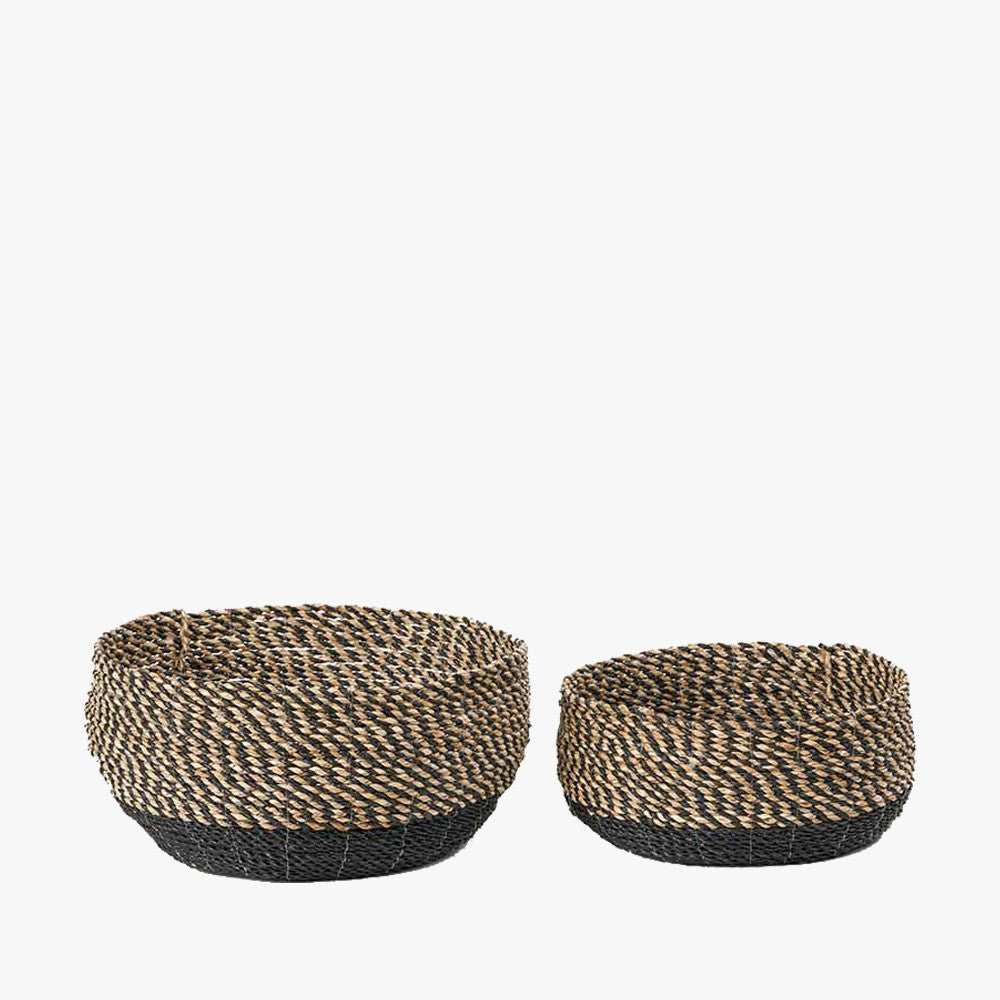 Set of 2 Seagrass Natural and Black Round Baskets – Handwoven Rustic Elegance