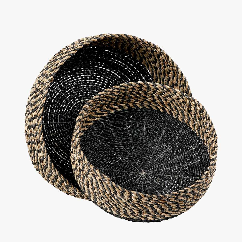 Set of 2 Seagrass Natural and Black Round Baskets – Handwoven Rustic Elegance