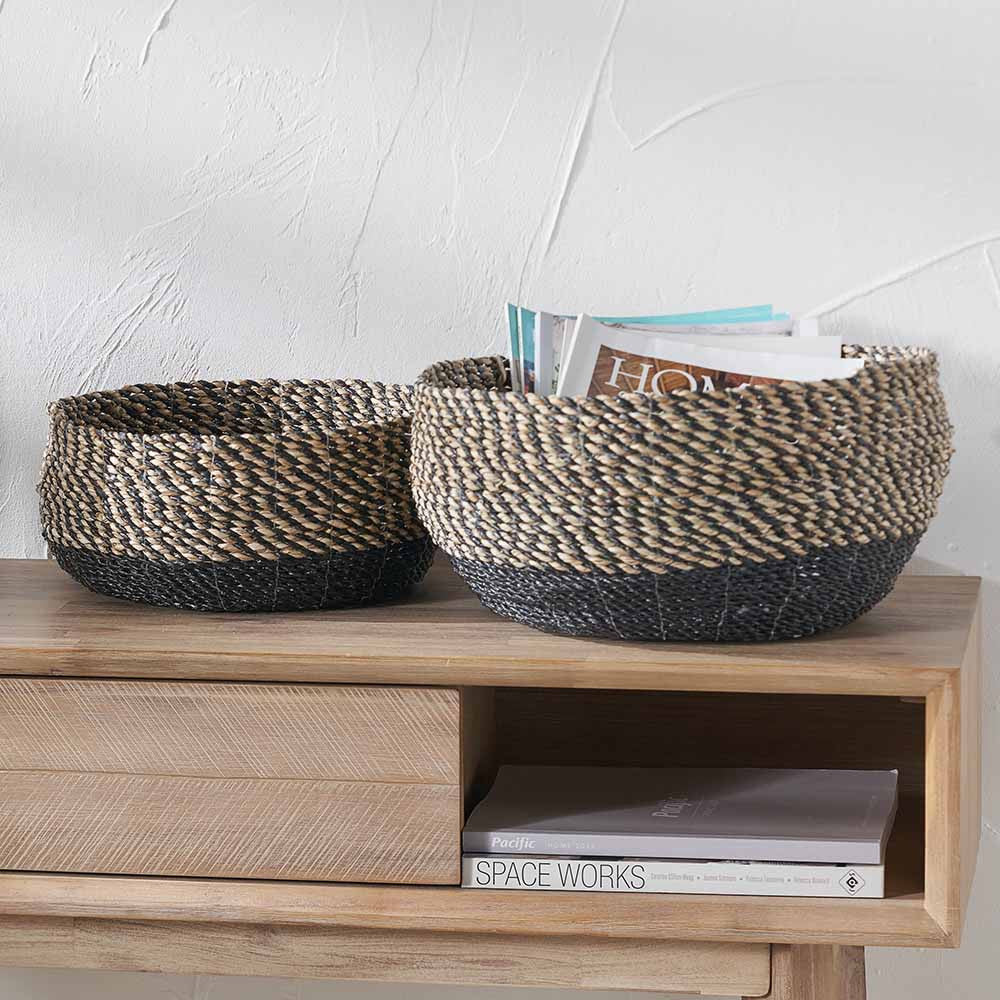 Set of 2 Seagrass Natural and Black Round Baskets – Handwoven Rustic Elegance