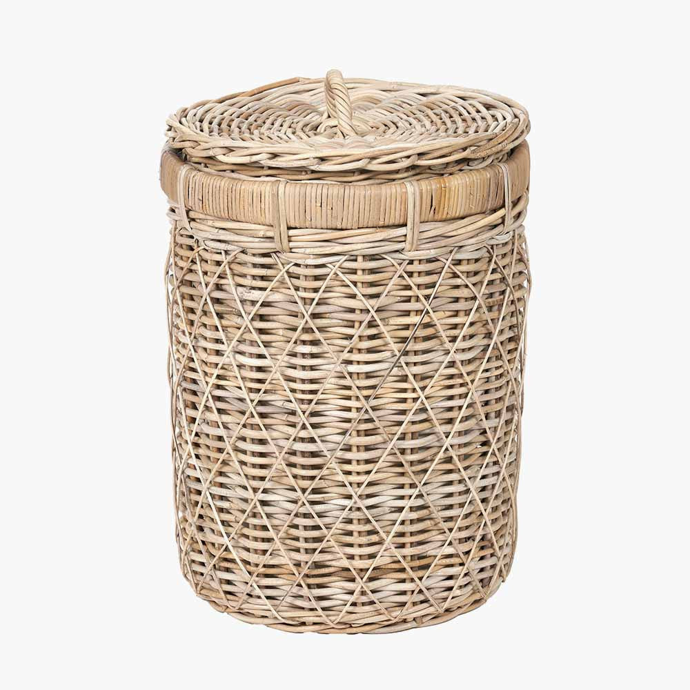 Brown Rattan Round Linen Laundry Basket with Lid – Handwoven Storage