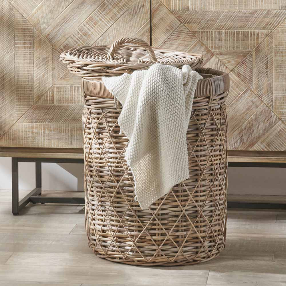 Brown Rattan Round Linen Laundry Basket with Lid – Handwoven Storage