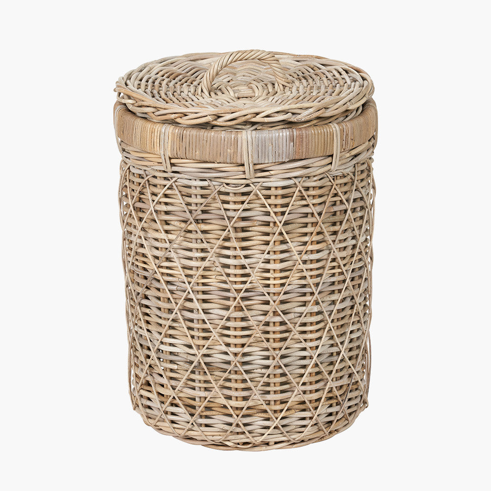 Brown Rattan Round Linen Laundry Basket with Lid – Handwoven Storage
