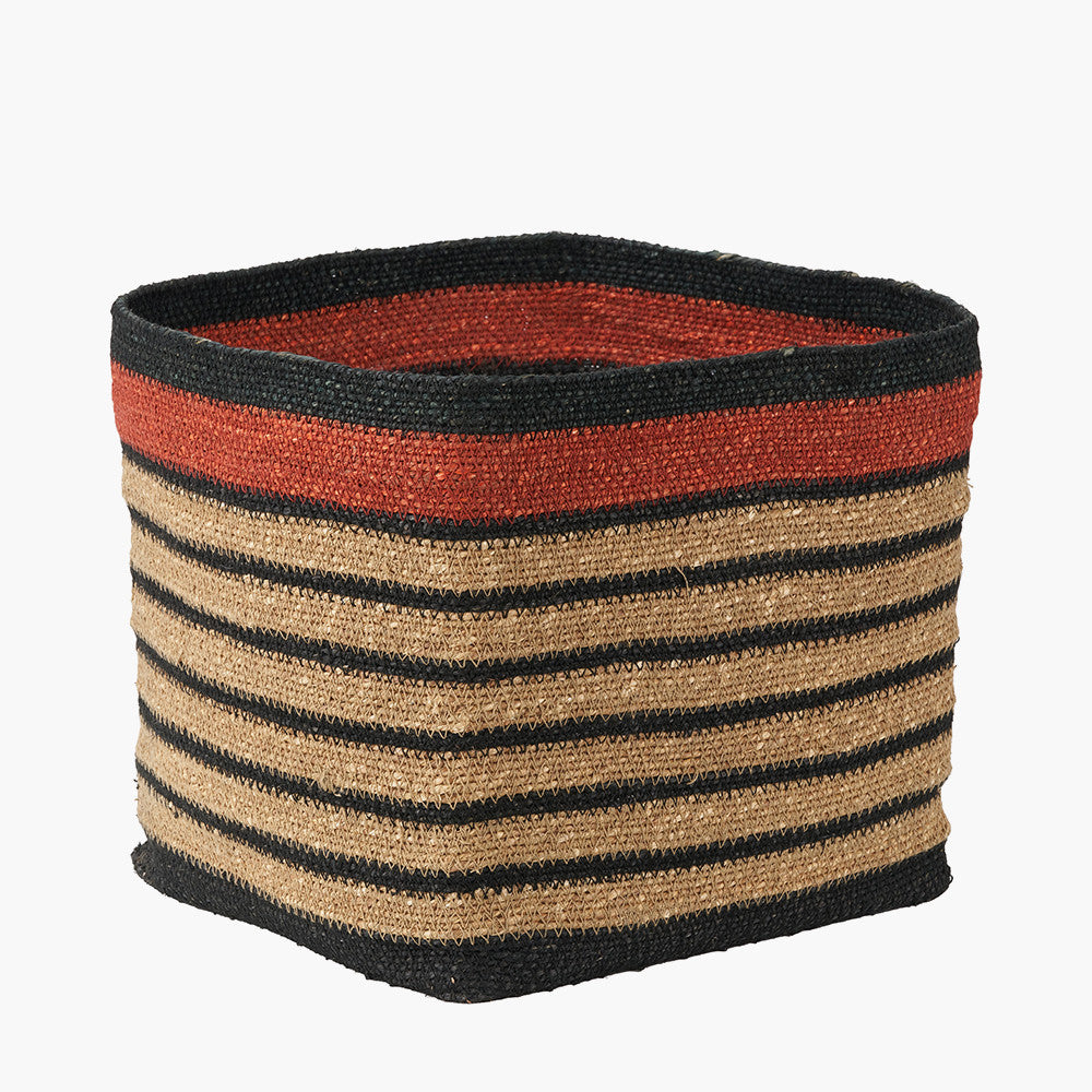 Black and Terracotta Natural Seagrass Striped Square Basket – W30xD30xH30cm