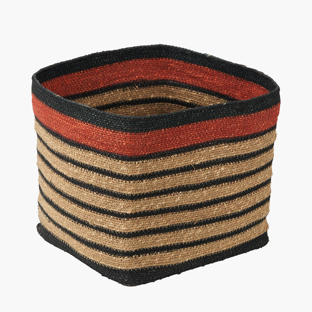 Black and Terracotta Natural Seagrass Striped Square Basket – W30xD30xH30cm