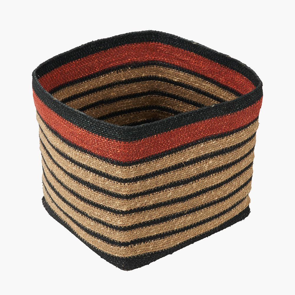 Black and Terracotta Natural Seagrass Striped Square Basket – W30xD30xH30cm