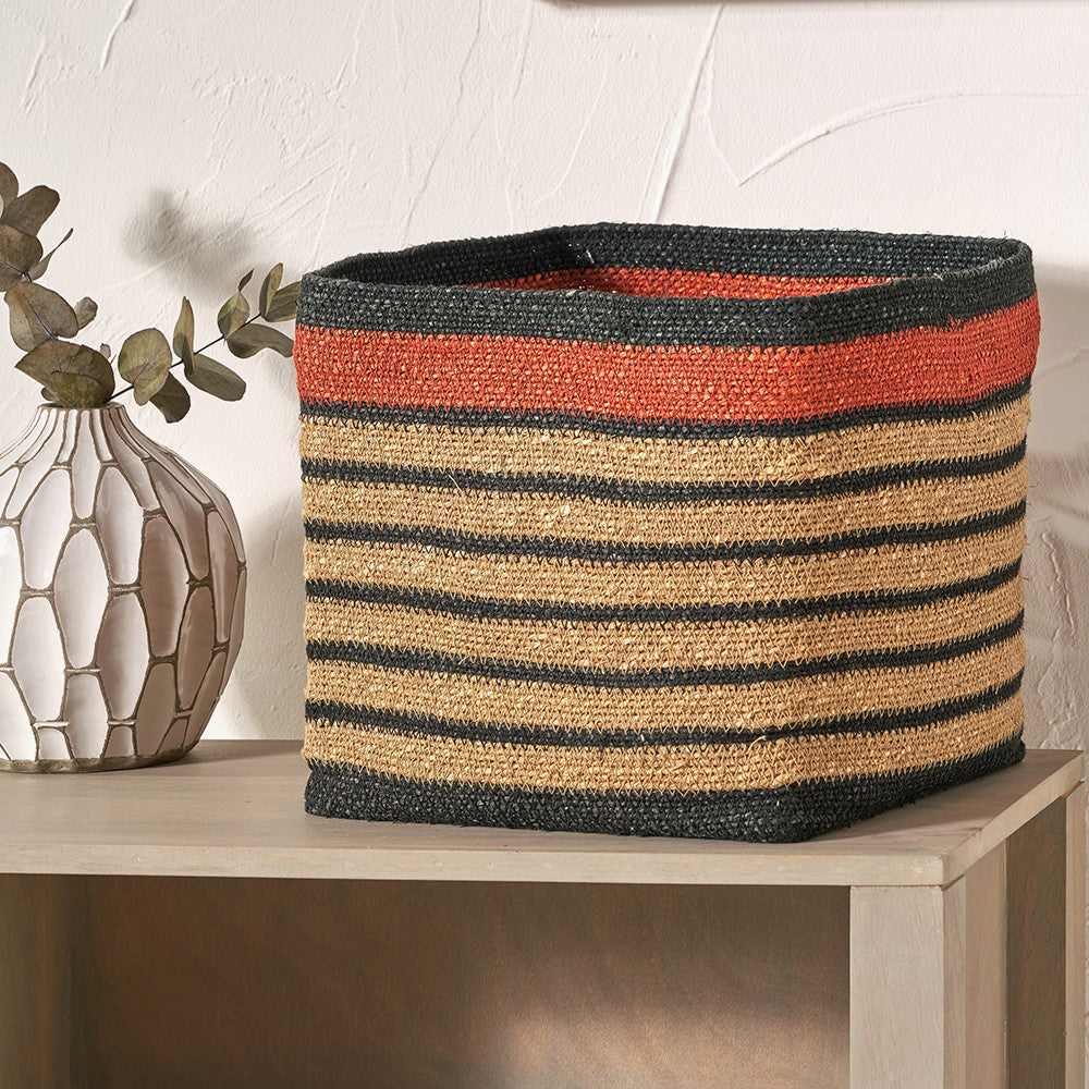 Black and Terracotta Natural Seagrass Striped Square Basket – W30xD30xH30cm