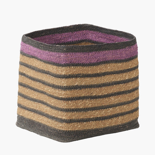 Lilac and Grey Striped Seagrass Natural Square Basket - W30xD30xH30cm