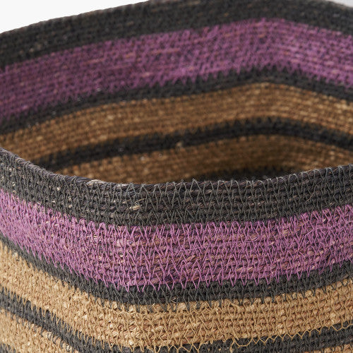 Lilac and Grey Striped Seagrass Natural Square Basket - W30xD30xH30cm