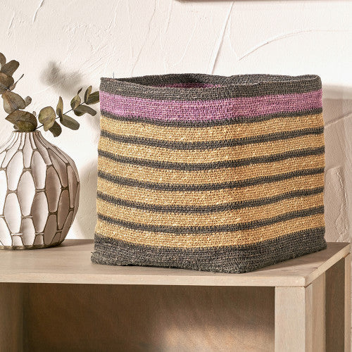 Lilac and Grey Striped Seagrass Natural Square Basket - W30xD30xH30cm